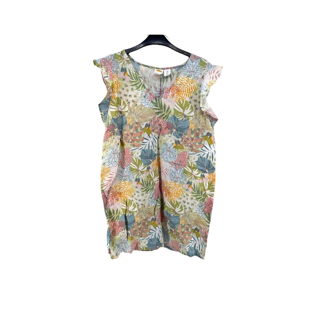 C&C California Linen Dress Size Medium Tropical Printed V Neck Ruffle Shoulder